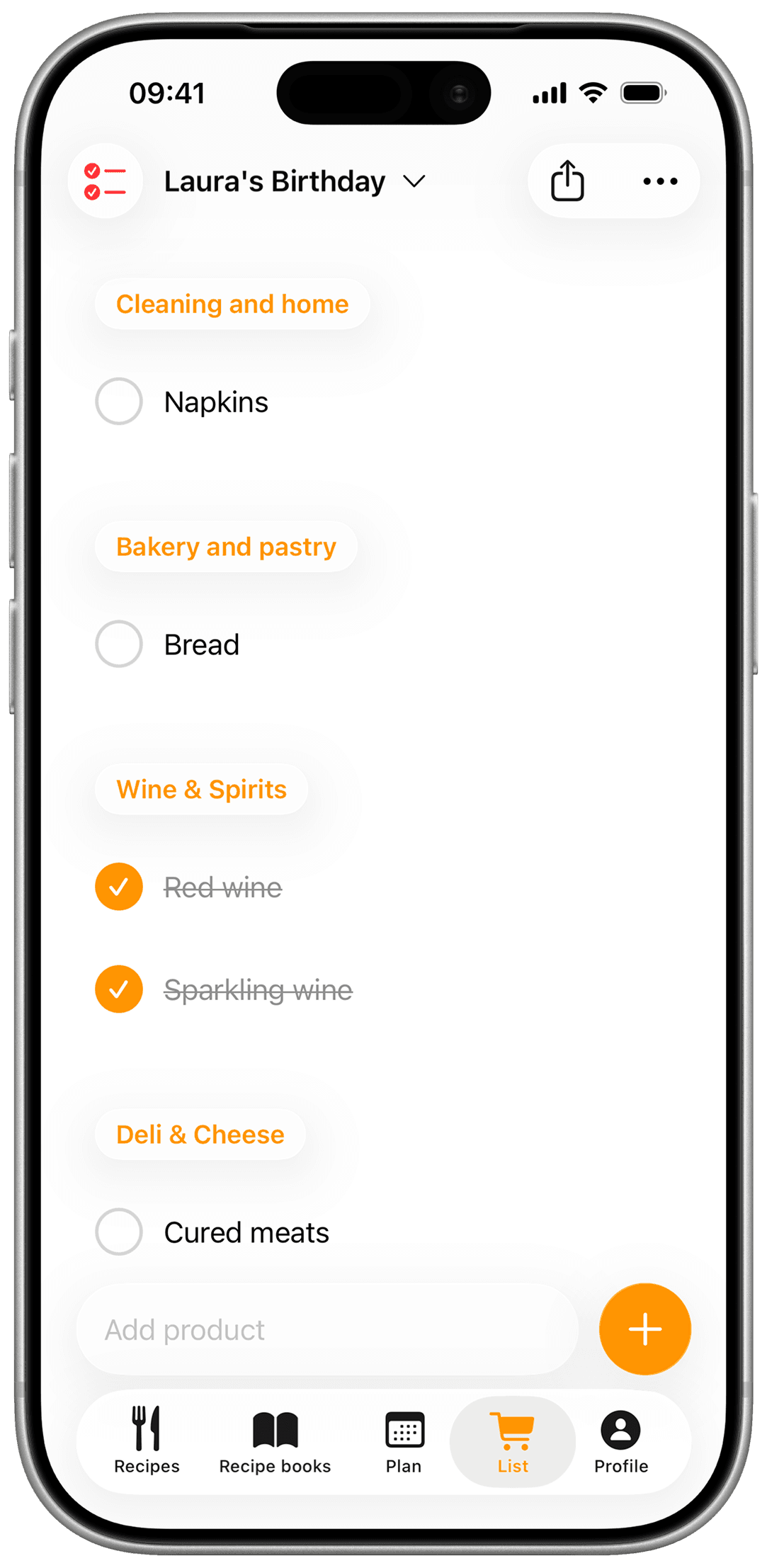 CookNest shopping list screen with groceries grouped by supermarket section