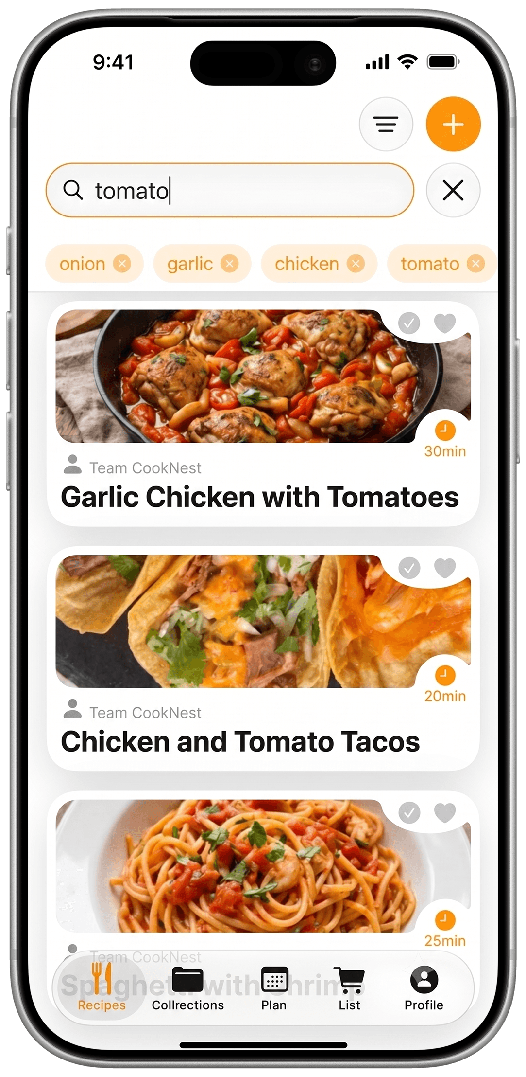 CookNest recipe suggestions screen based on ingredients you already have